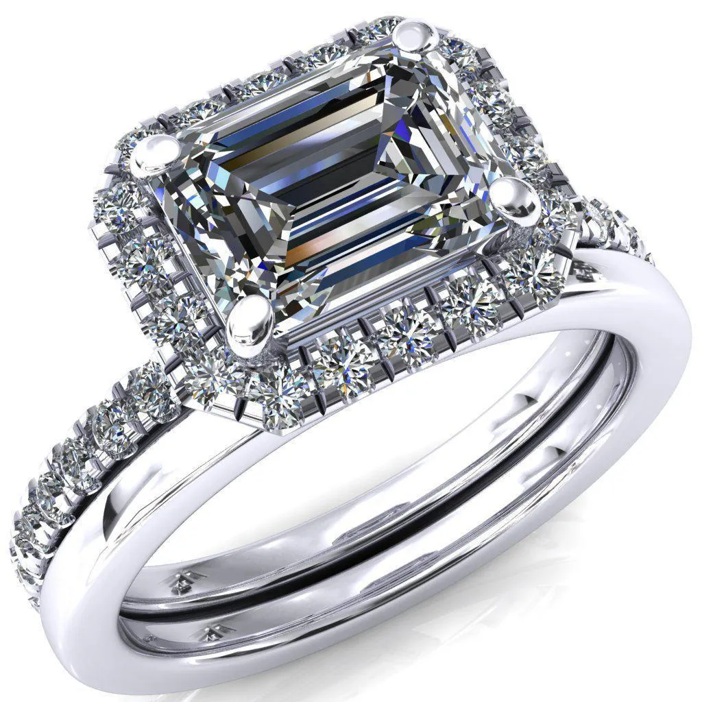 Talia Emerald Moissanite East-West 4 Prong Halo 5/8 Micropave Ring