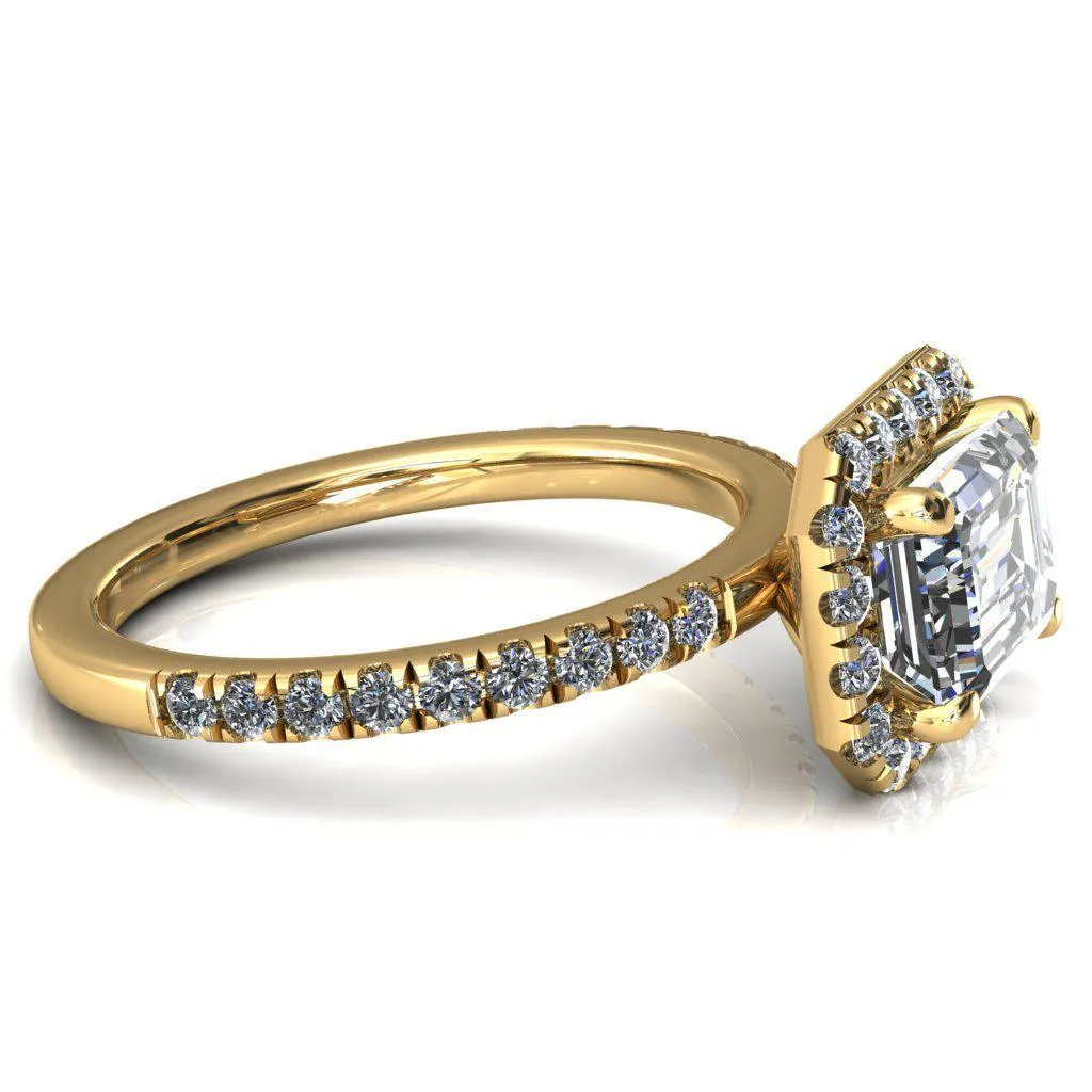 Talia Emerald Moissanite East-West 4 Prong Halo 5/8 Micropave Ring