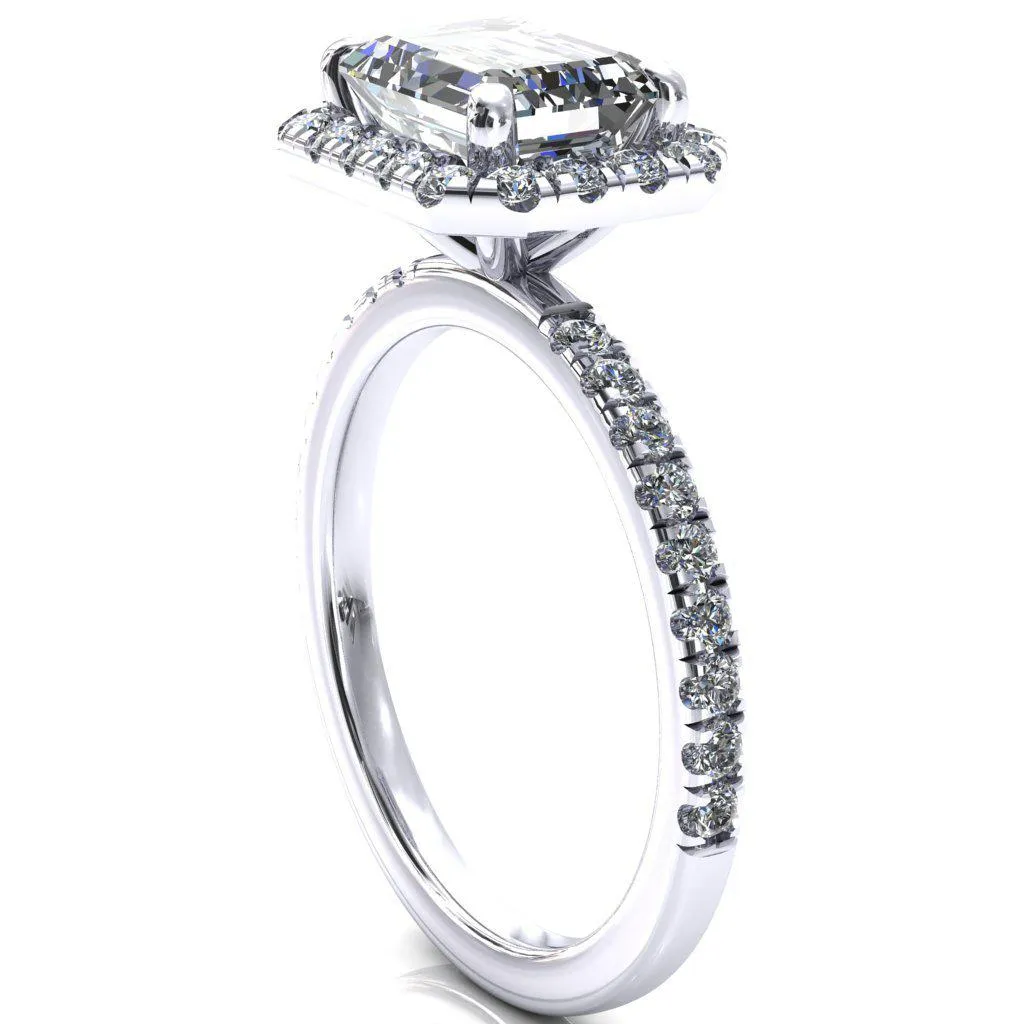 Talia Emerald Moissanite East-West 4 Prong Halo 5/8 Micropave Ring