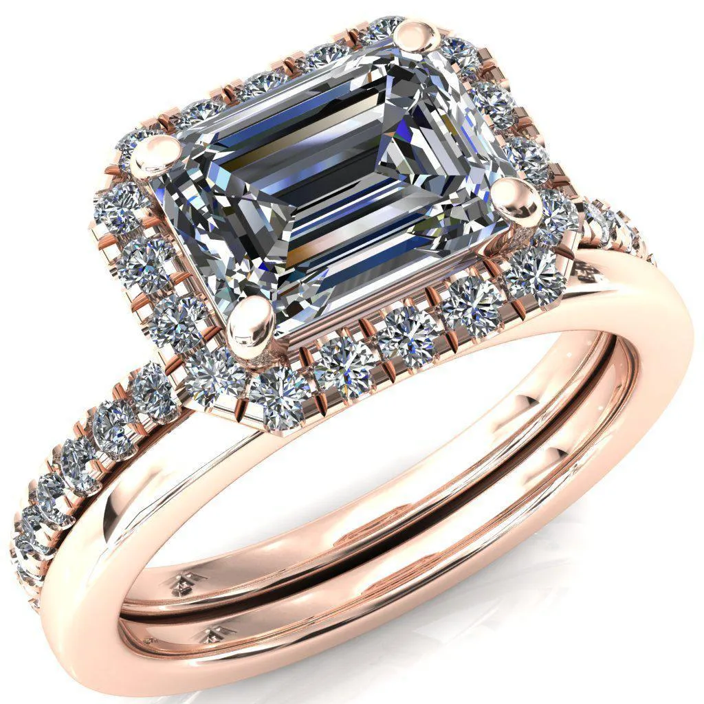 Talia Emerald Moissanite East-West 4 Prong Halo 5/8 Micropave Ring