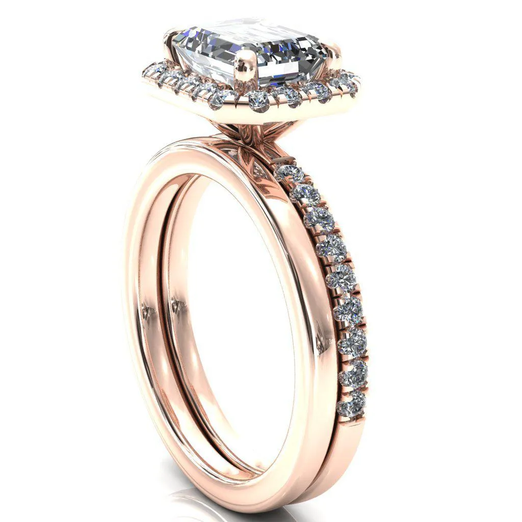Talia Emerald Moissanite East-West 4 Prong Halo 5/8 Micropave Ring