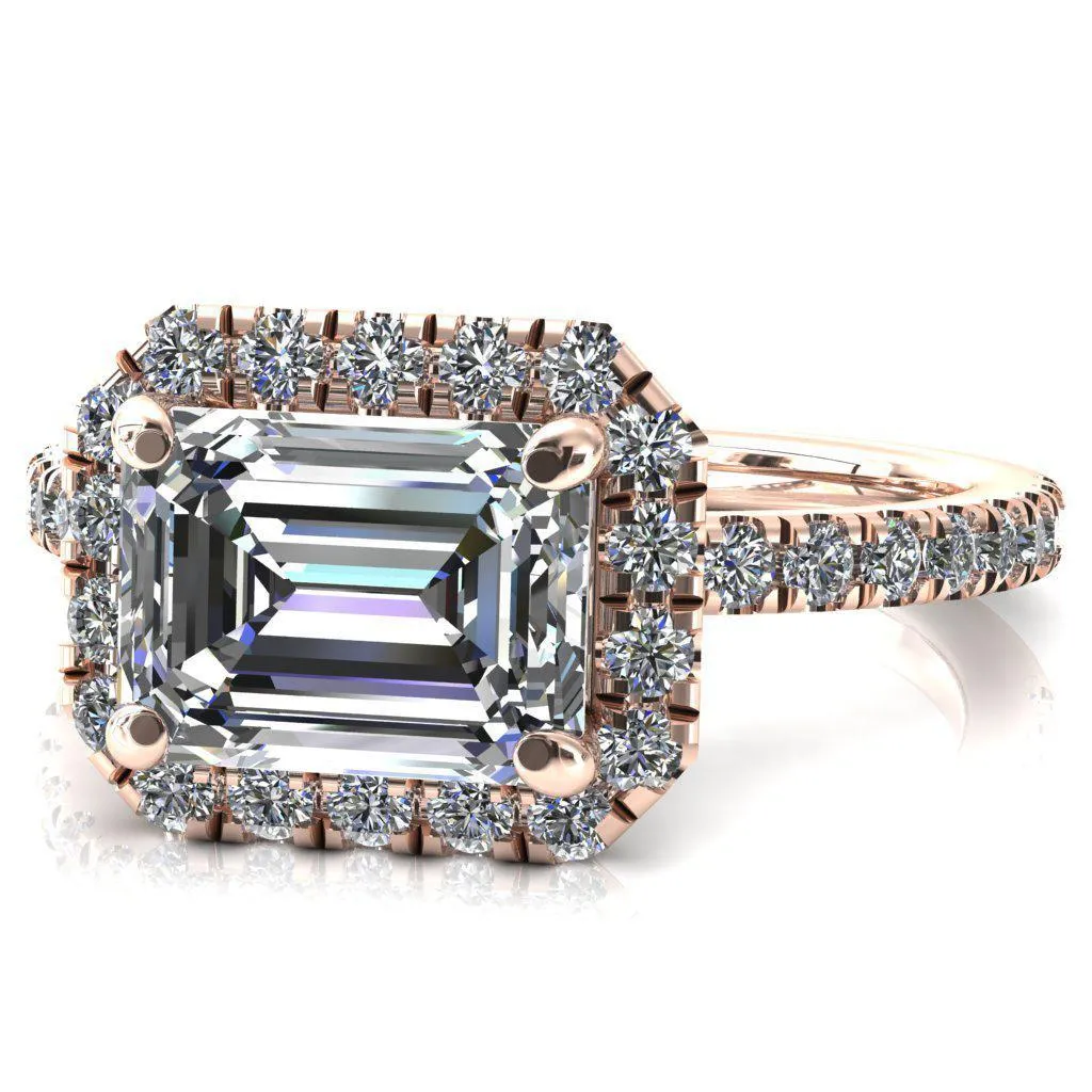 Talia Emerald Moissanite East-West 4 Prong Halo 5/8 Micropave Ring