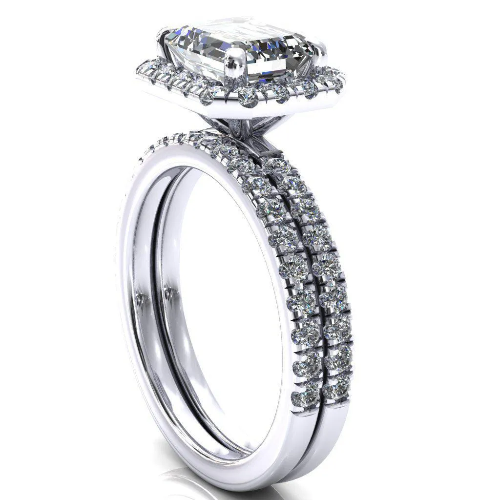 Talia Emerald Moissanite East-West 4 Prong Halo 5/8 Micropave Ring