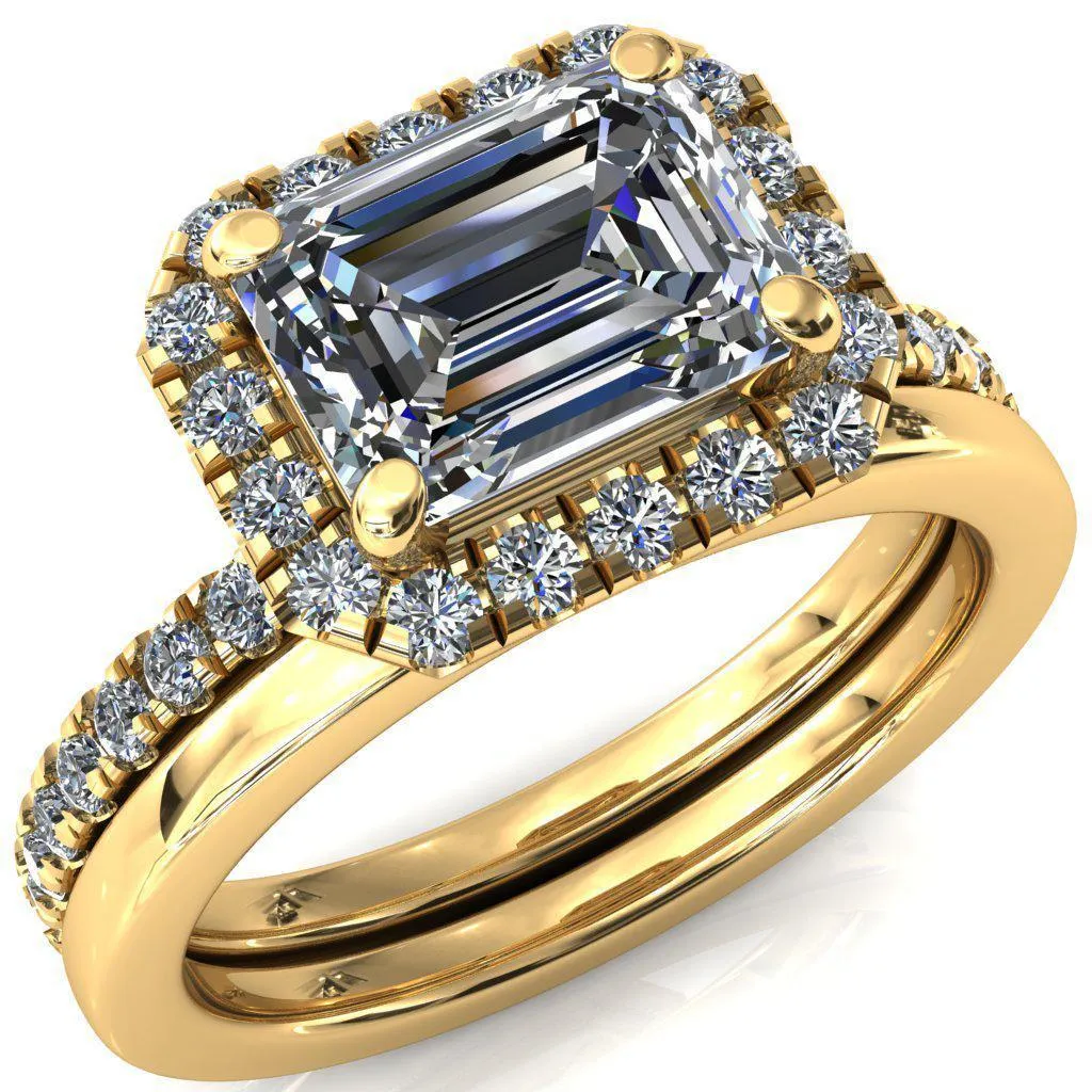 Talia Emerald Moissanite East-West 4 Prong Halo 5/8 Micropave Ring