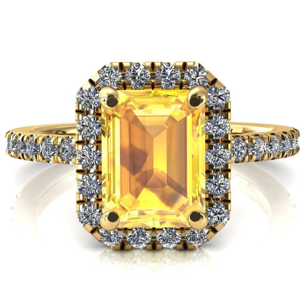 Talia Emerald Yellow Sapphire 4 Prong Halo 5/8 Micropave Engagement Ring