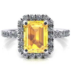 Talia Emerald Yellow Sapphire 4 Prong Halo 5/8 Micropave Engagement Ring