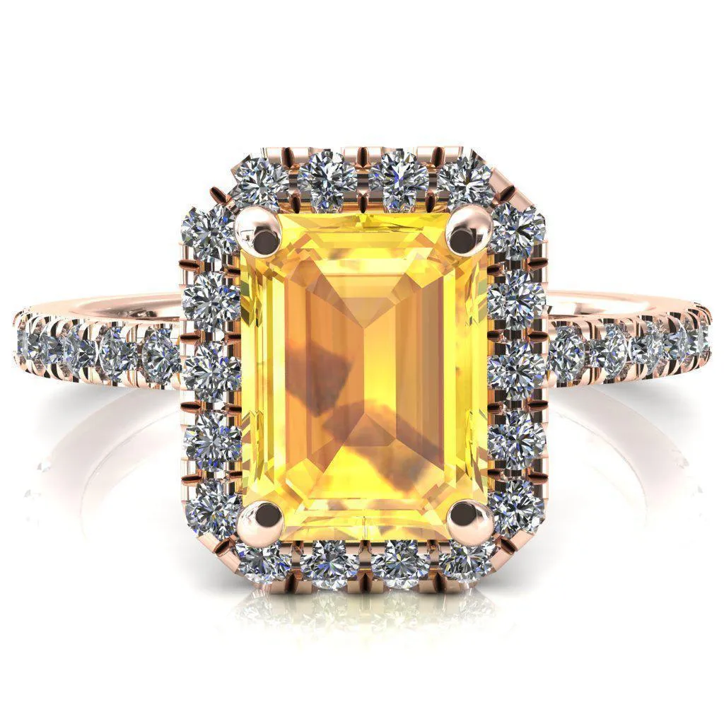 Talia Emerald Yellow Sapphire 4 Prong Halo 5/8 Micropave Engagement Ring