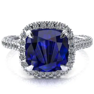 Taniya Cushion Blue Sapphire 4 Claw Prong Halo 3/4 Eternity 3 Sided Diamond Shank Cathedral Engagement Ring
