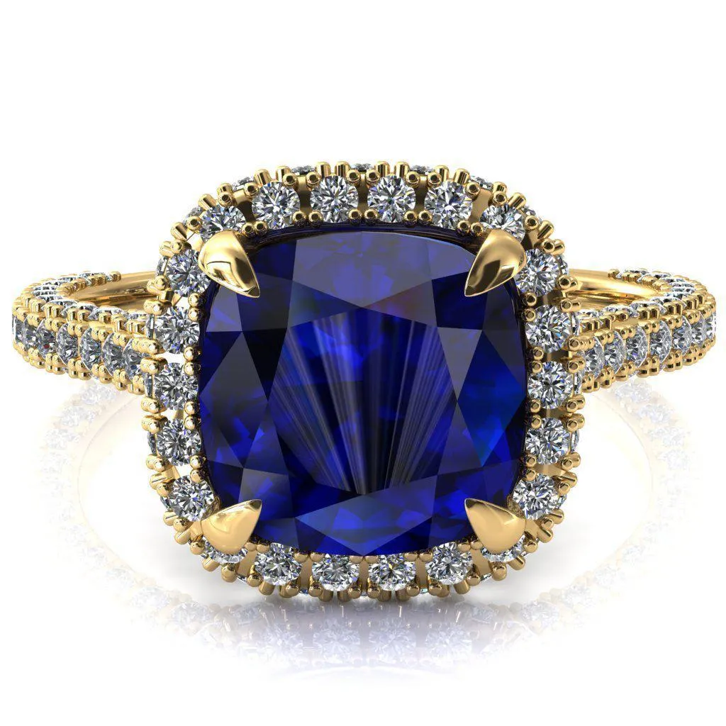 Taniya Cushion Blue Sapphire 4 Claw Prong Halo 3/4 Eternity 3 Sided Diamond Shank Cathedral Engagement Ring