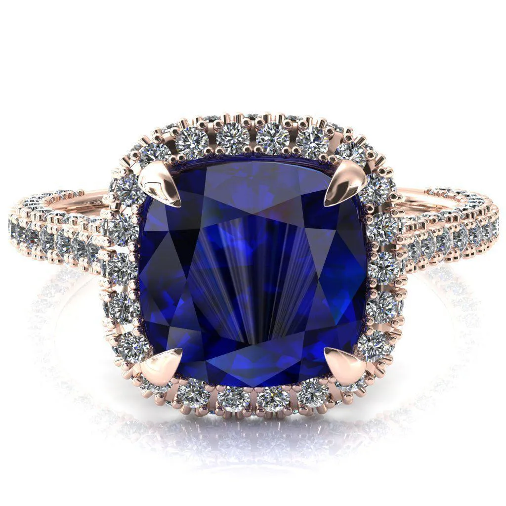 Taniya Cushion Blue Sapphire 4 Claw Prong Halo 3/4 Eternity 3 Sided Diamond Shank Cathedral Engagement Ring