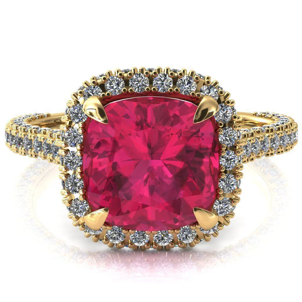 Taniya Cushion Ruby 4 Claw Prong Halo 3/4 Eternity 3 Sided Diamond Shank Cathedral Engagement Ring