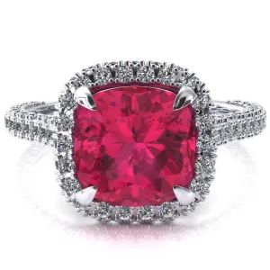 Taniya Cushion Ruby 4 Claw Prong Halo 3/4 Eternity 3 Sided Diamond Shank Cathedral Engagement Ring