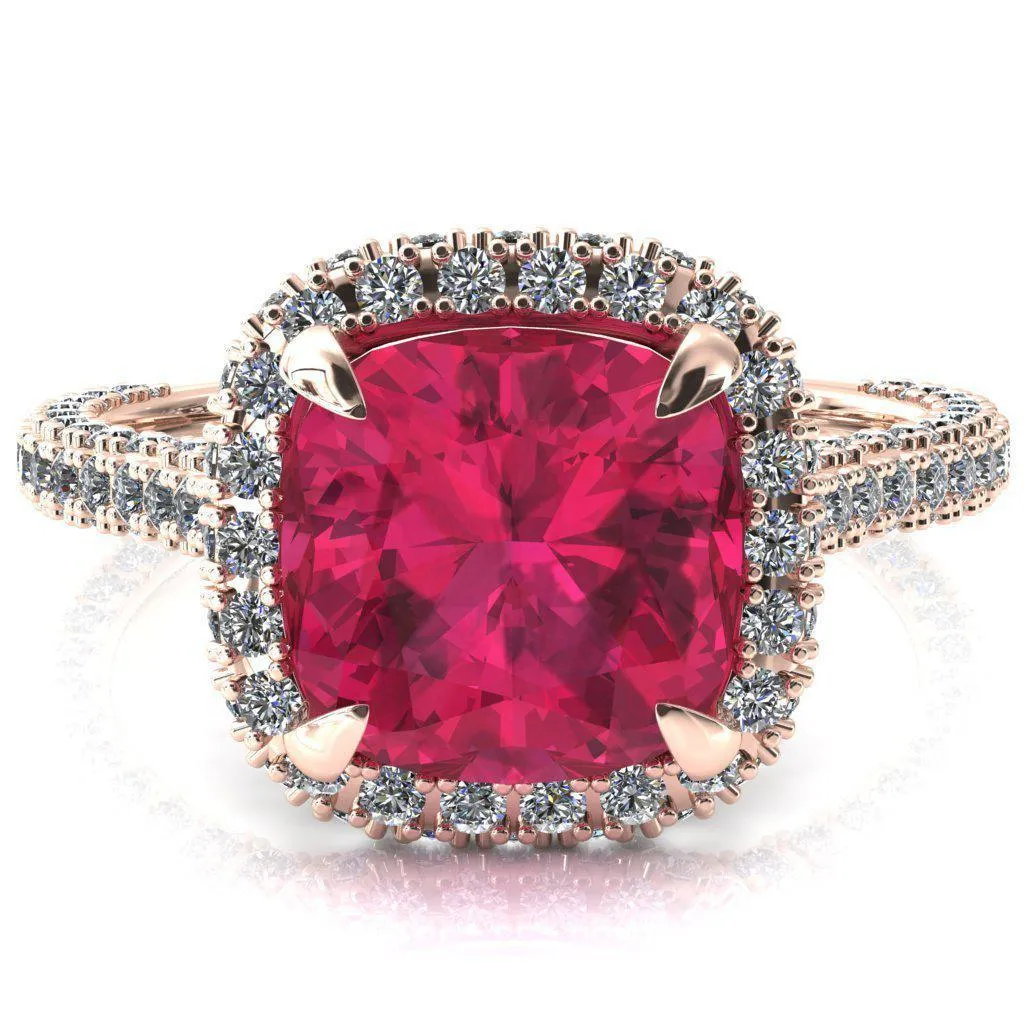 Taniya Cushion Ruby 4 Claw Prong Halo 3/4 Eternity 3 Sided Diamond Shank Cathedral Engagement Ring