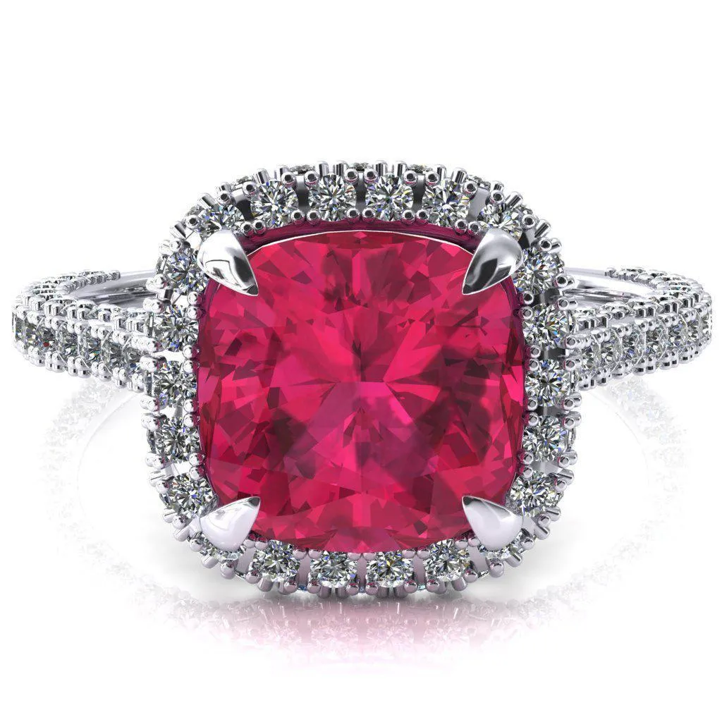 Taniya Cushion Ruby 4 Claw Prong Halo 3/4 Eternity 3 Sided Diamond Shank Cathedral Engagement Ring