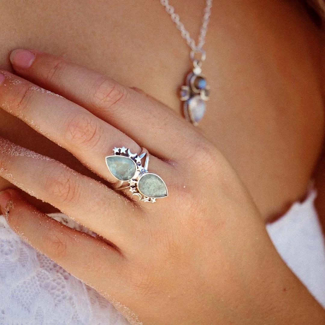 Teardrop Aquamarine Stars and Moon Ring