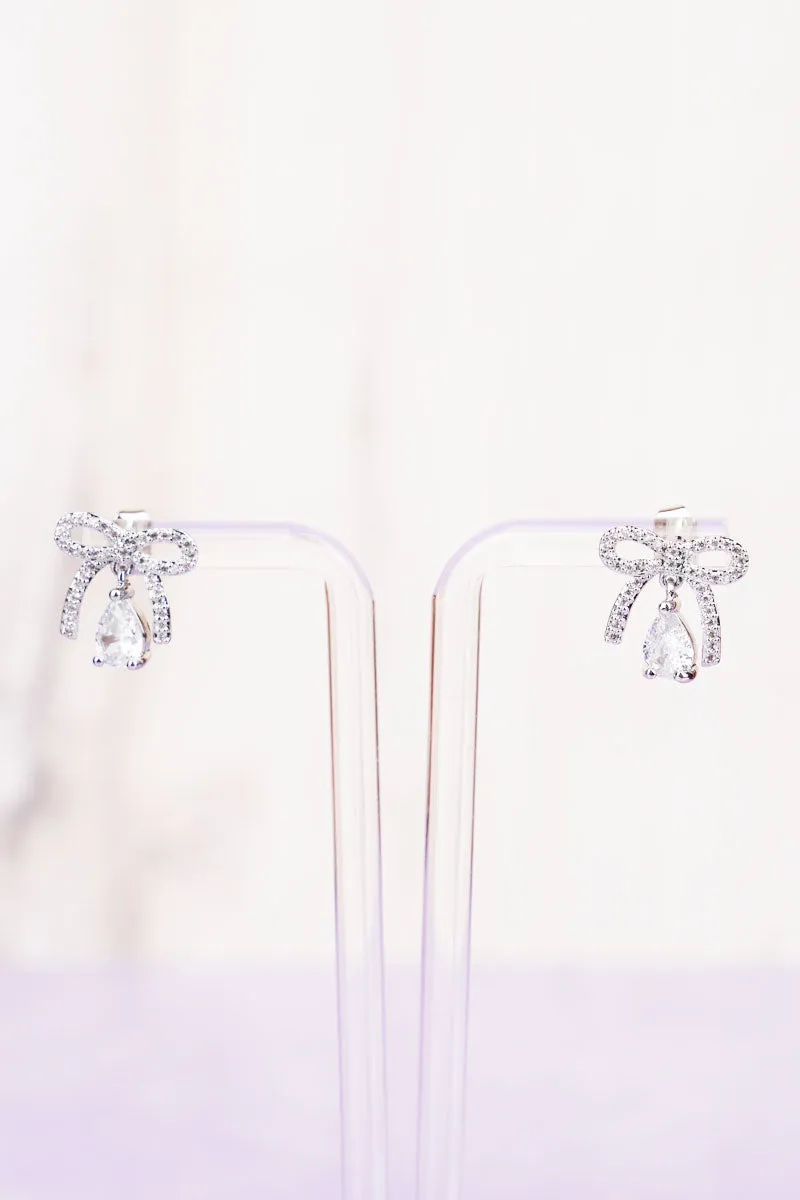 Teardrop Crystal Silvertone Bow Earrings