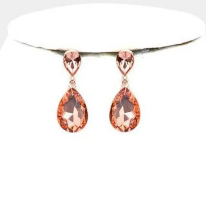 Teardrop Peach Crystal Rose Gold Evening Necklace Set
