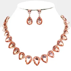 Teardrop Peach Crystal Rose Gold Evening Necklace Set