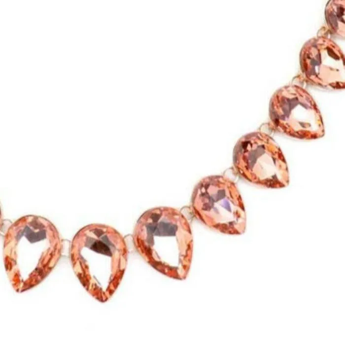 Teardrop Peach Crystal Rose Gold Evening Necklace Set