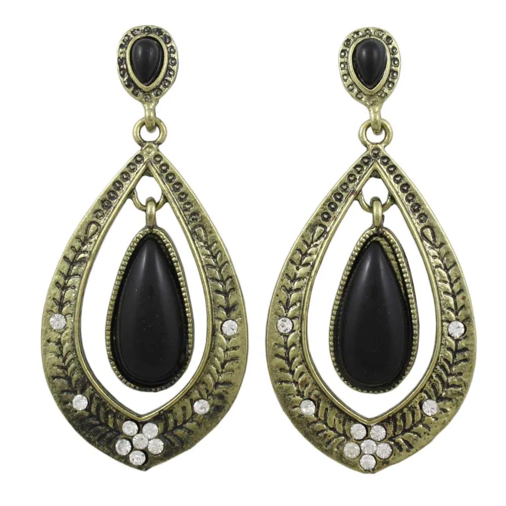 Teardrop with Dangling Black Stone Pierced Earring - REC586
