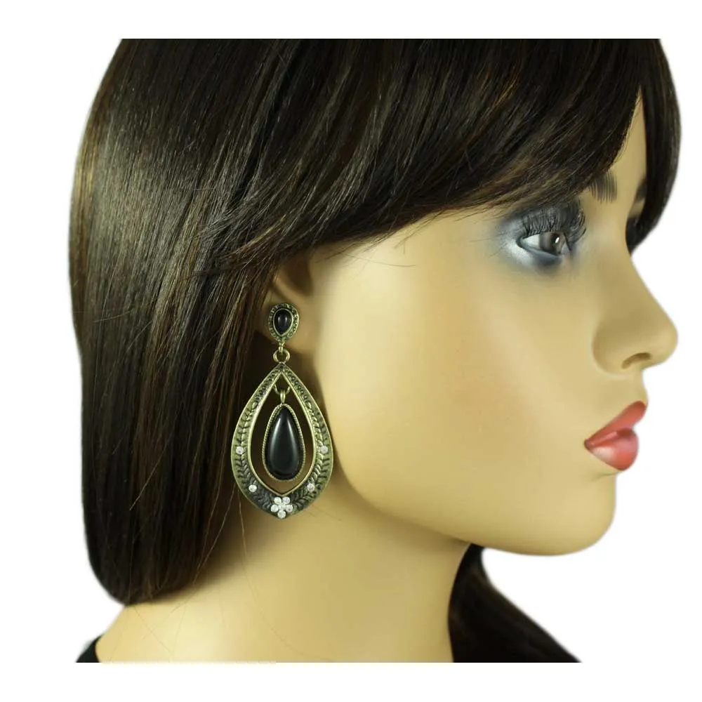 Teardrop with Dangling Black Stone Pierced Earring - REC586
