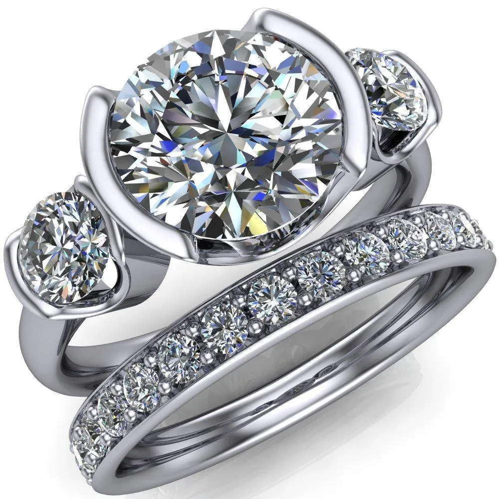 Teresa Round Center Stone Half Bezel Side Diamond 3 Stone Ring