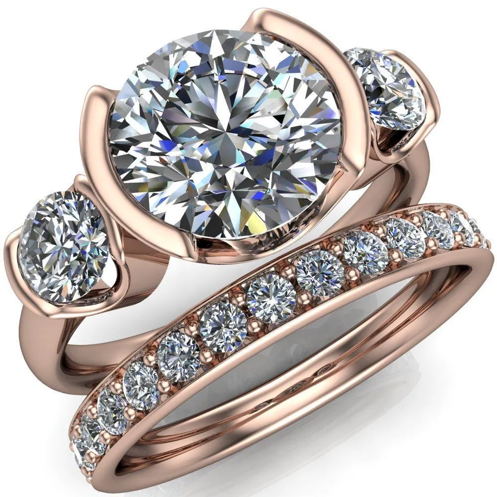 Teresa Round Center Stone Half Bezel Side Diamond 3 Stone Ring