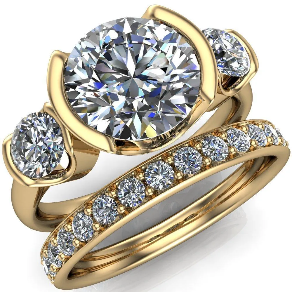 Teresa Round Center Stone Half Bezel Side Diamond 3 Stone Ring