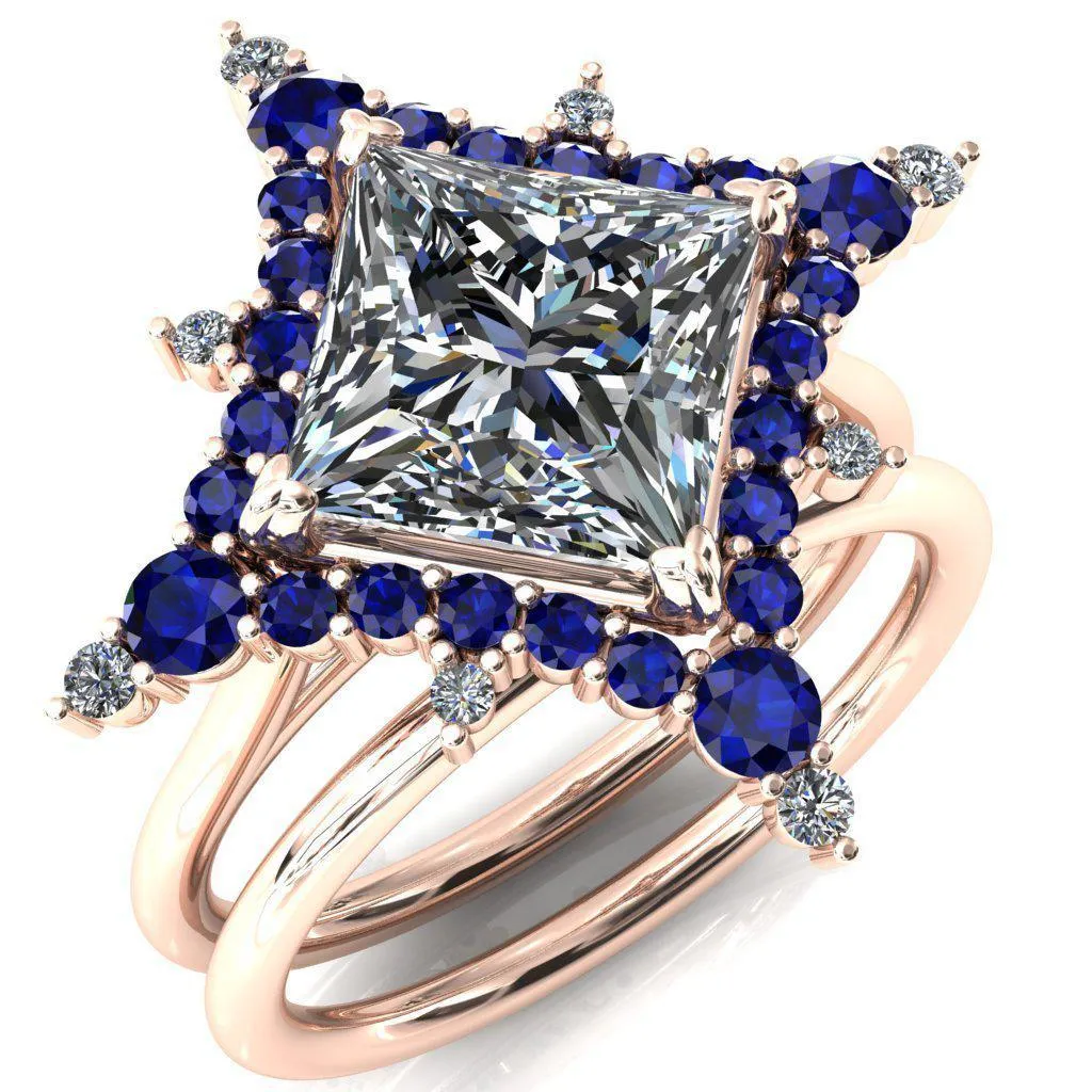 Thalim Princess/Square Moissanite 4-Point Star Blue Sapphire and Diamond Halo Ring ver. 2