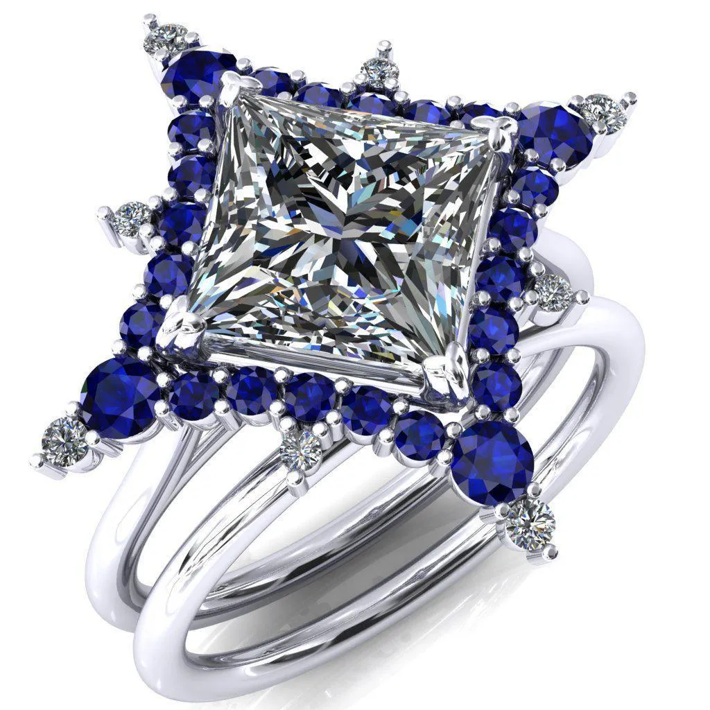 Thalim Princess/Square Moissanite 4-Point Star Blue Sapphire and Diamond Halo Ring ver. 2