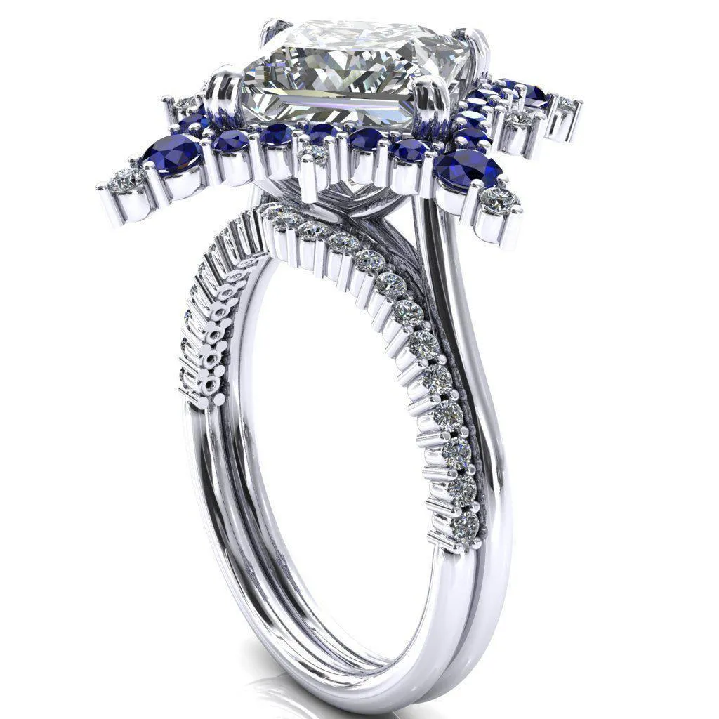 Thalim Princess/Square Moissanite 4-Point Star Blue Sapphire and Diamond Halo Ring ver. 2