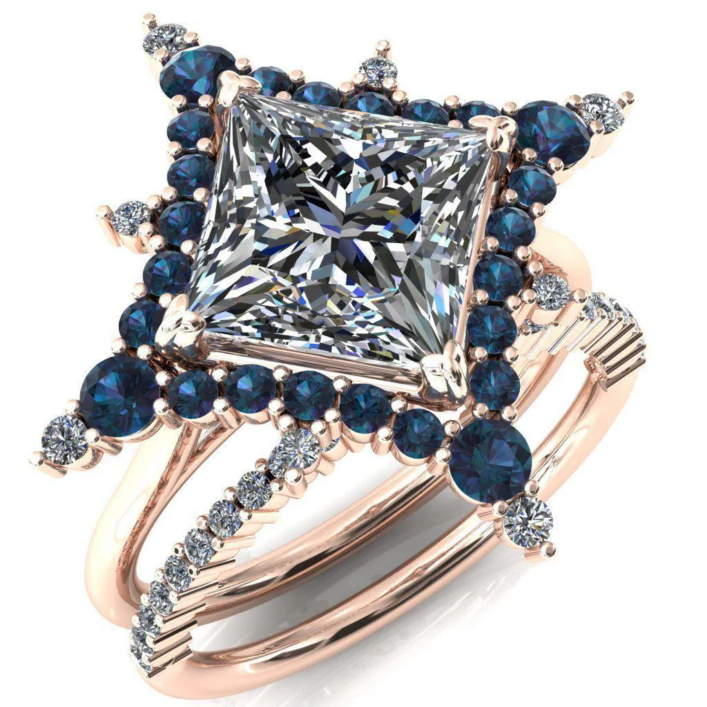 Thalim Princess/Square Moissanite 4-Point Star Blue Sapphire and Diamond Halo Ring ver. 2