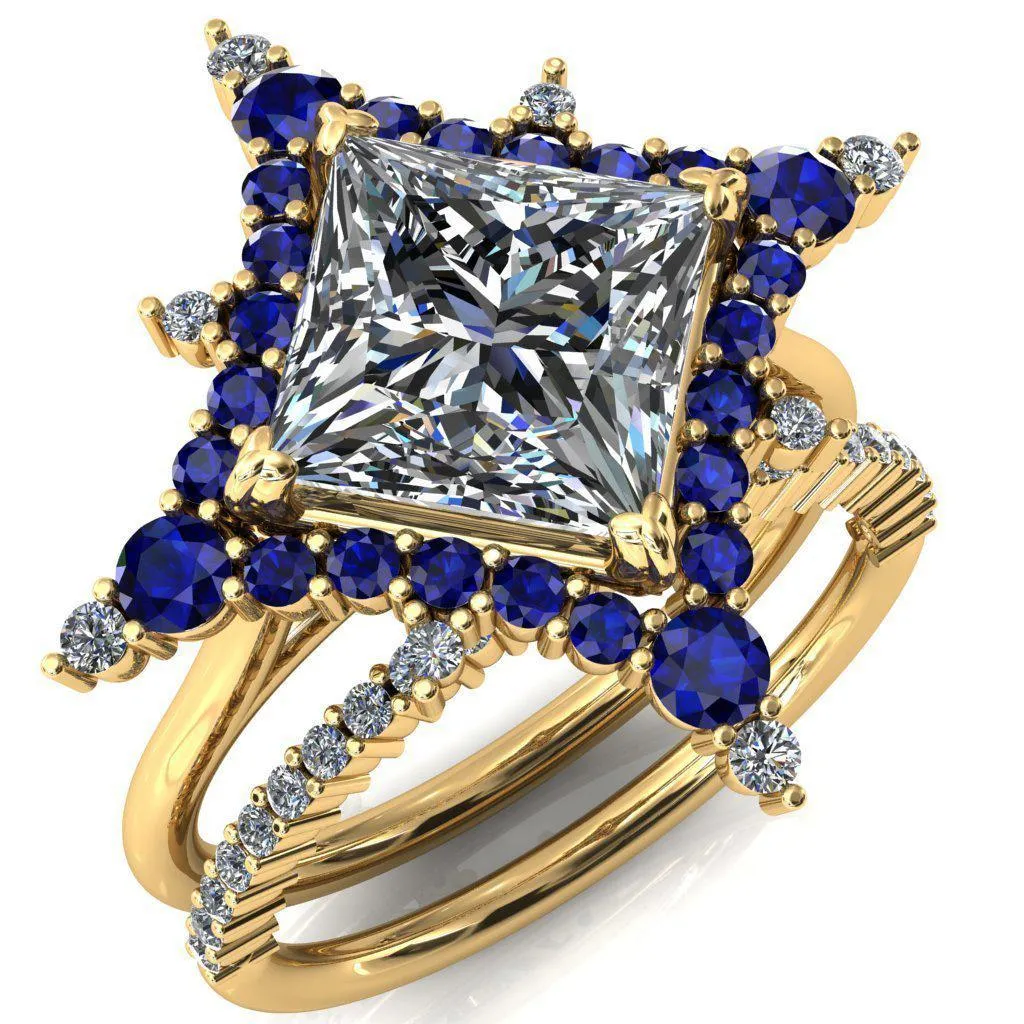 Thalim Princess/Square Moissanite 4-Point Star Blue Sapphire and Diamond Halo Ring ver. 2