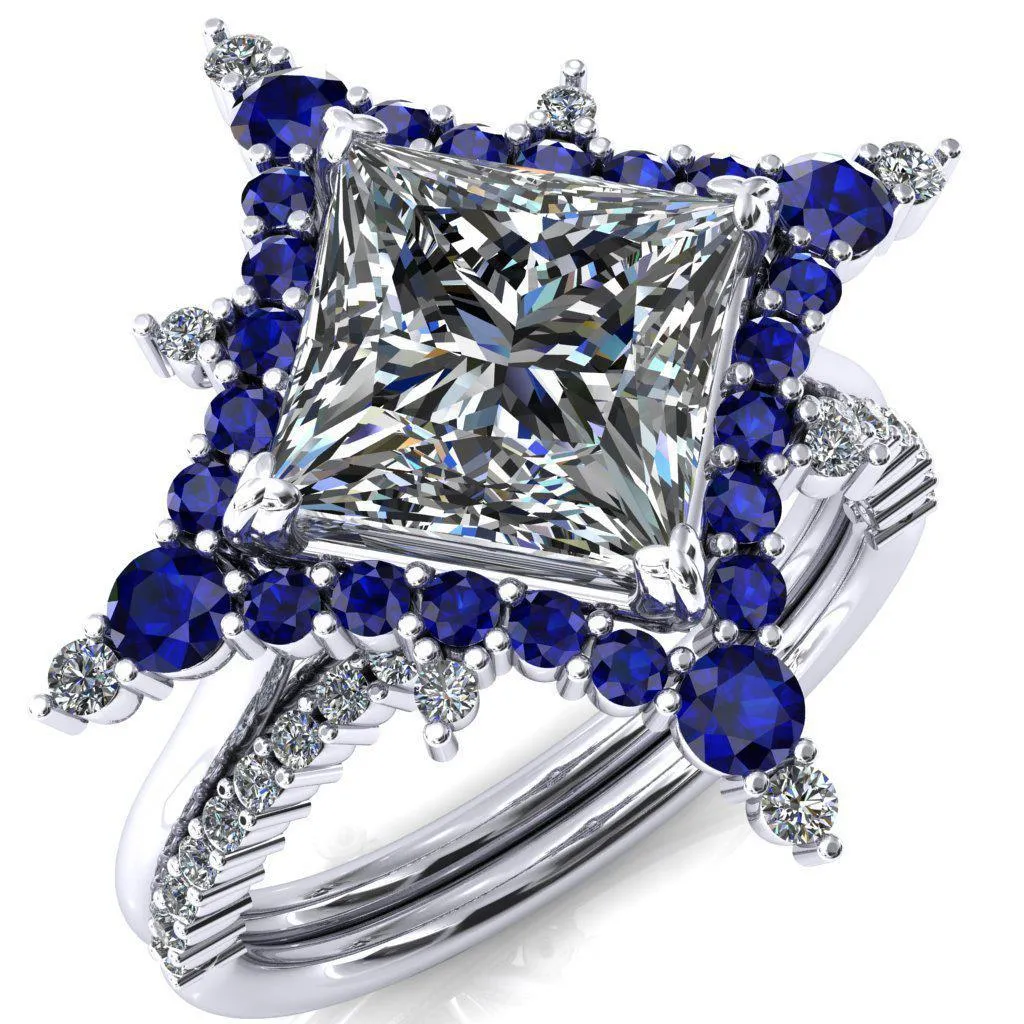 Thalim Princess/Square Moissanite 4-Point Star Blue Sapphire and Diamond Halo Ring ver. 2