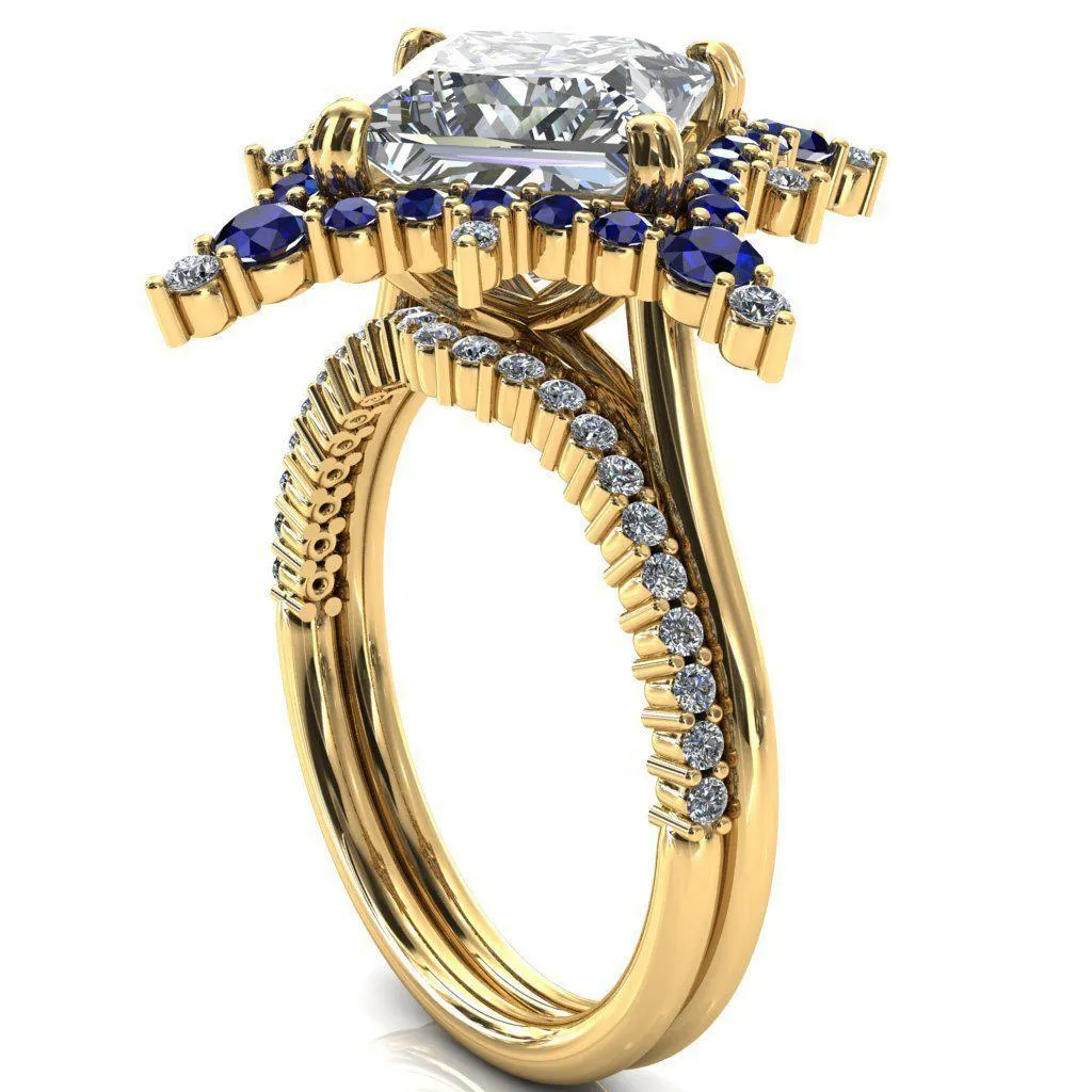 Thalim Princess/Square Moissanite 4-Point Star Blue Sapphire and Diamond Halo Ring ver. 2