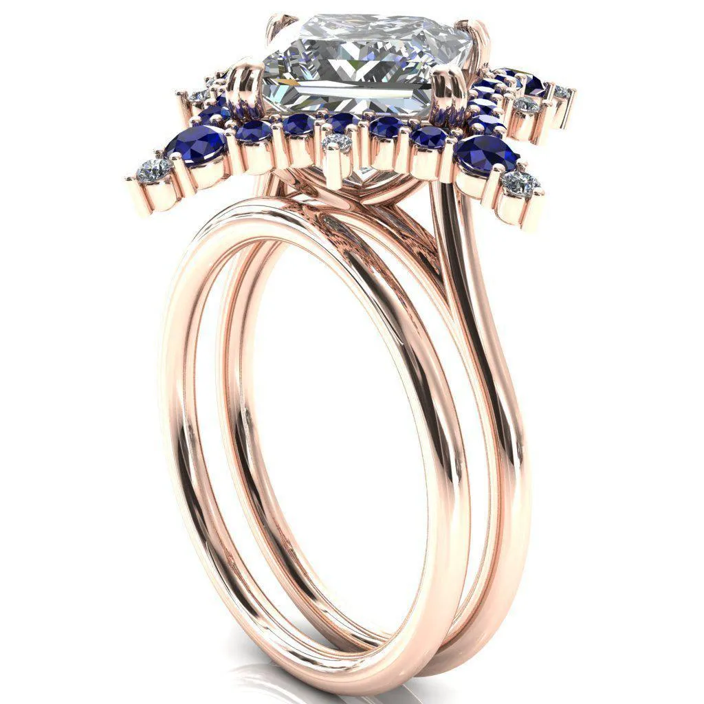 Thalim Princess/Square Moissanite 4-Point Star Blue Sapphire and Diamond Halo Ring ver. 2
