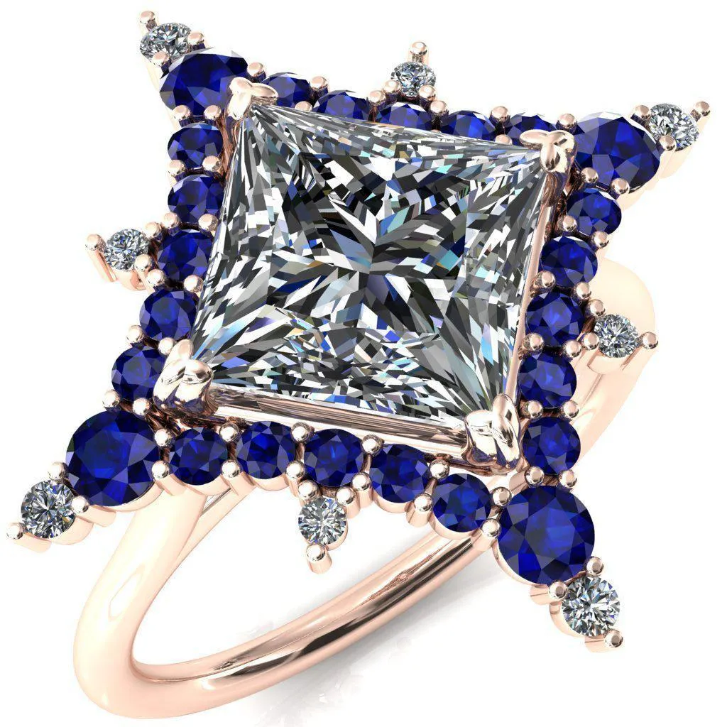 Thalim Princess/Square Moissanite 4-Point Star Blue Sapphire and Diamond Halo Ring ver. 2