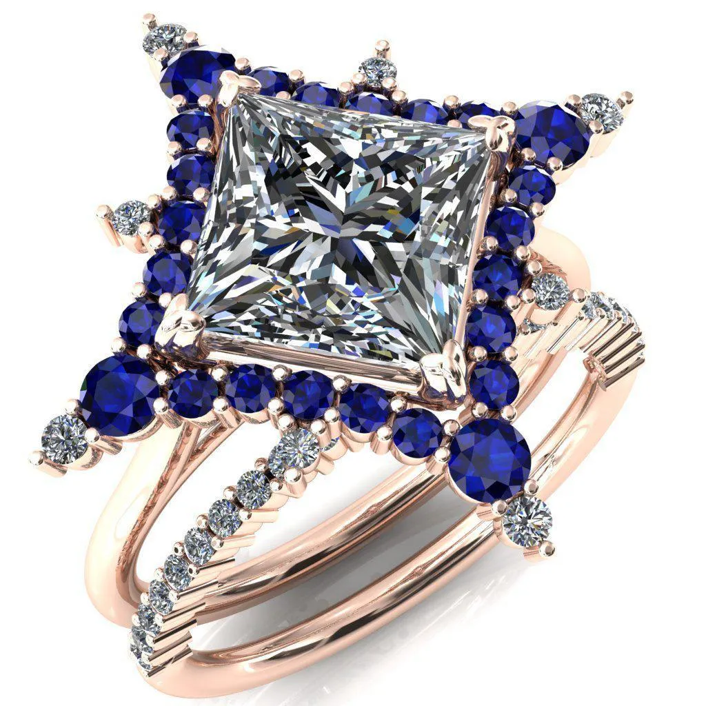 Thalim Princess/Square Moissanite 4-Point Star Blue Sapphire and Diamond Halo Ring ver. 2