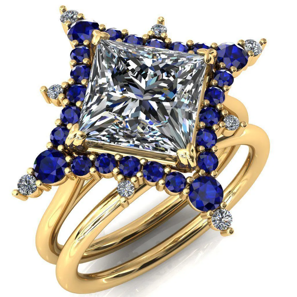 Thalim Princess/Square Moissanite 4-Point Star Blue Sapphire and Diamond Halo Ring ver. 2