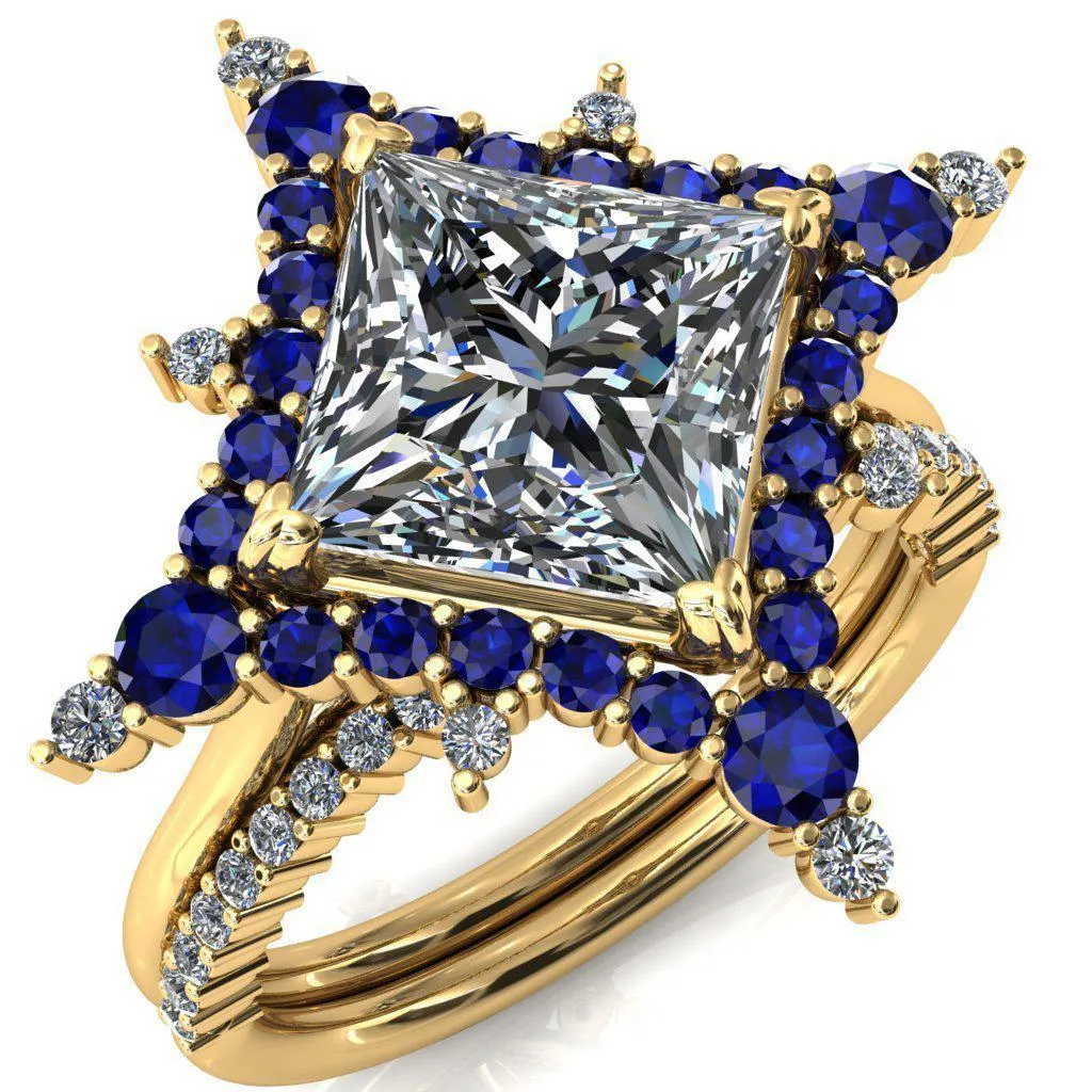 Thalim Princess/Square Moissanite 4-Point Star Blue Sapphire and Diamond Halo Ring ver. 2