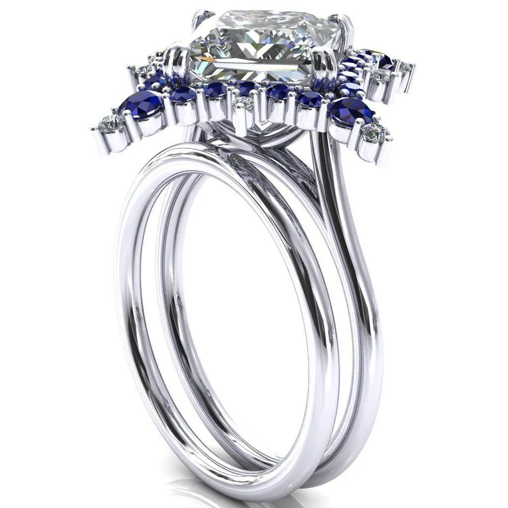 Thalim Princess/Square Moissanite 4-Point Star Blue Sapphire and Diamond Halo Ring ver. 2
