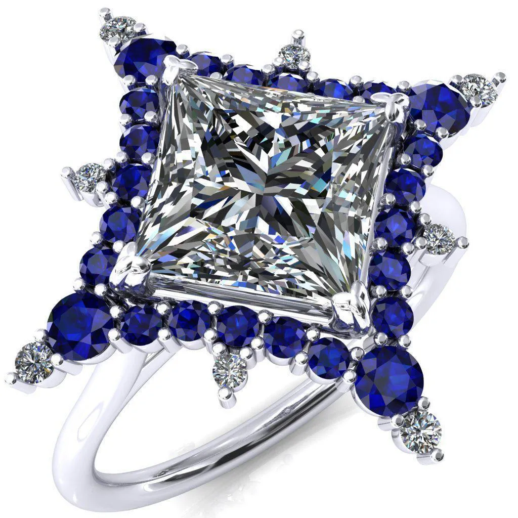 Thalim Princess/Square Moissanite 4-Point Star Blue Sapphire and Diamond Halo Ring ver. 2