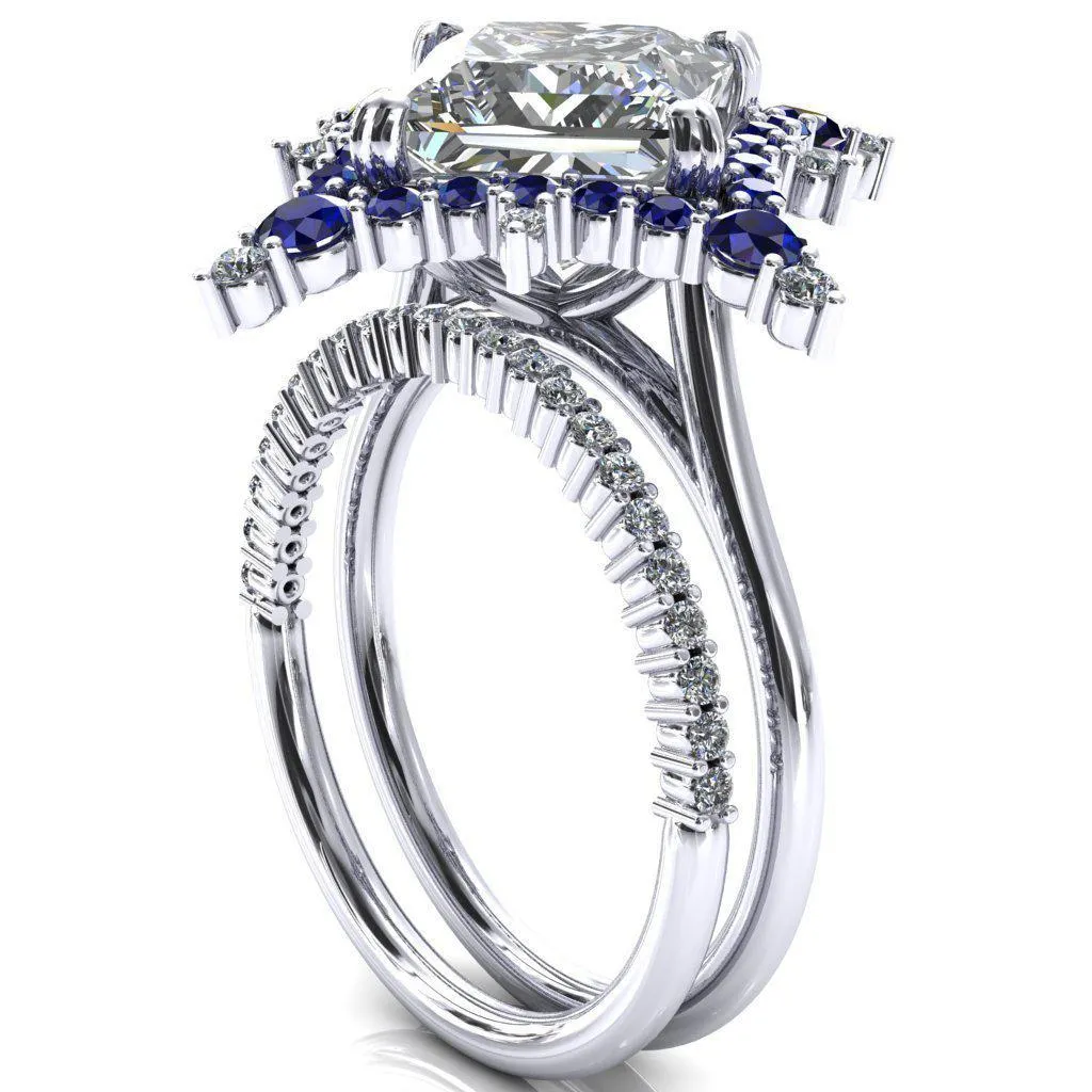Thalim Princess/Square Moissanite 4-Point Star Blue Sapphire and Diamond Halo Ring ver. 2