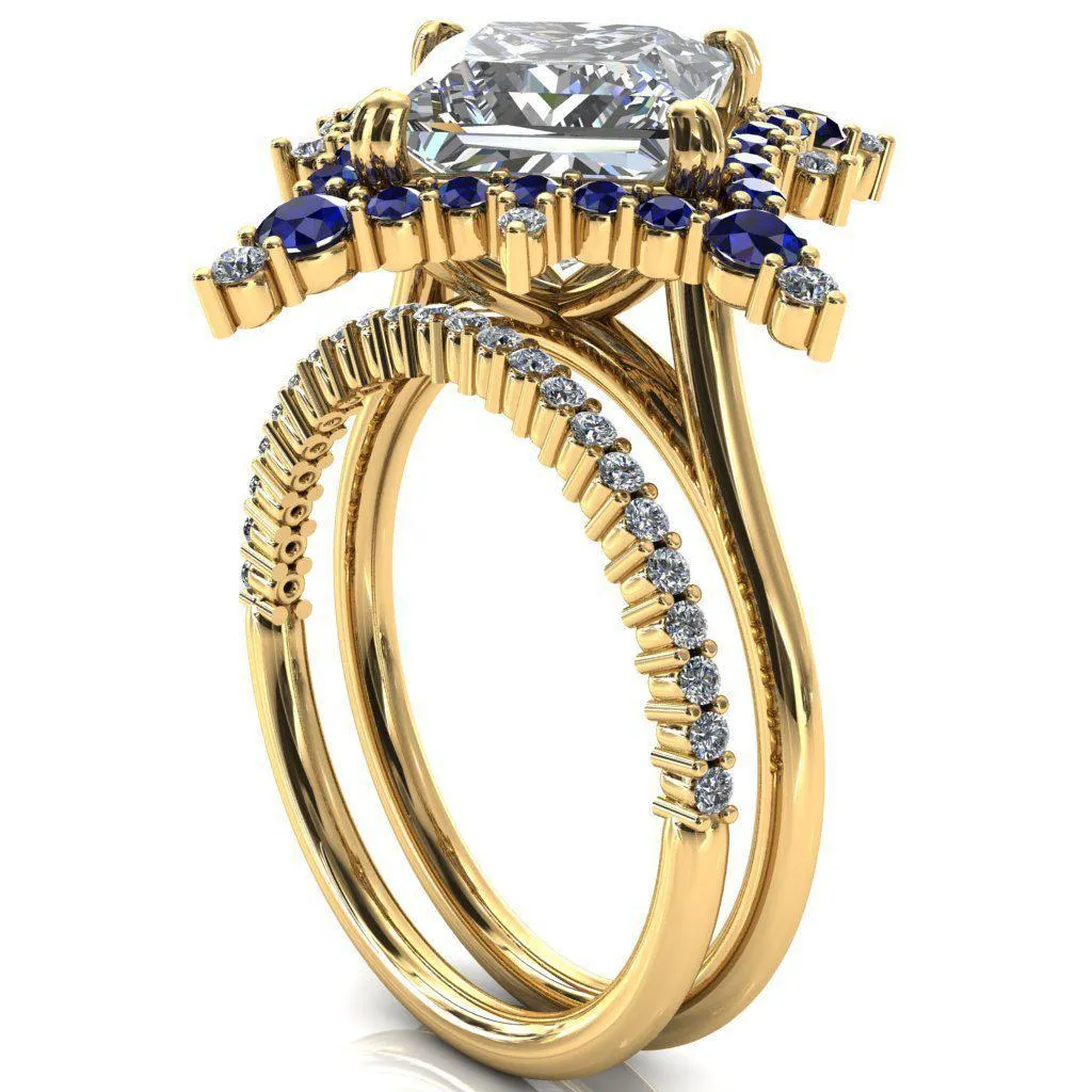 Thalim Princess/Square Moissanite 4-Point Star Blue Sapphire and Diamond Halo Ring ver. 2