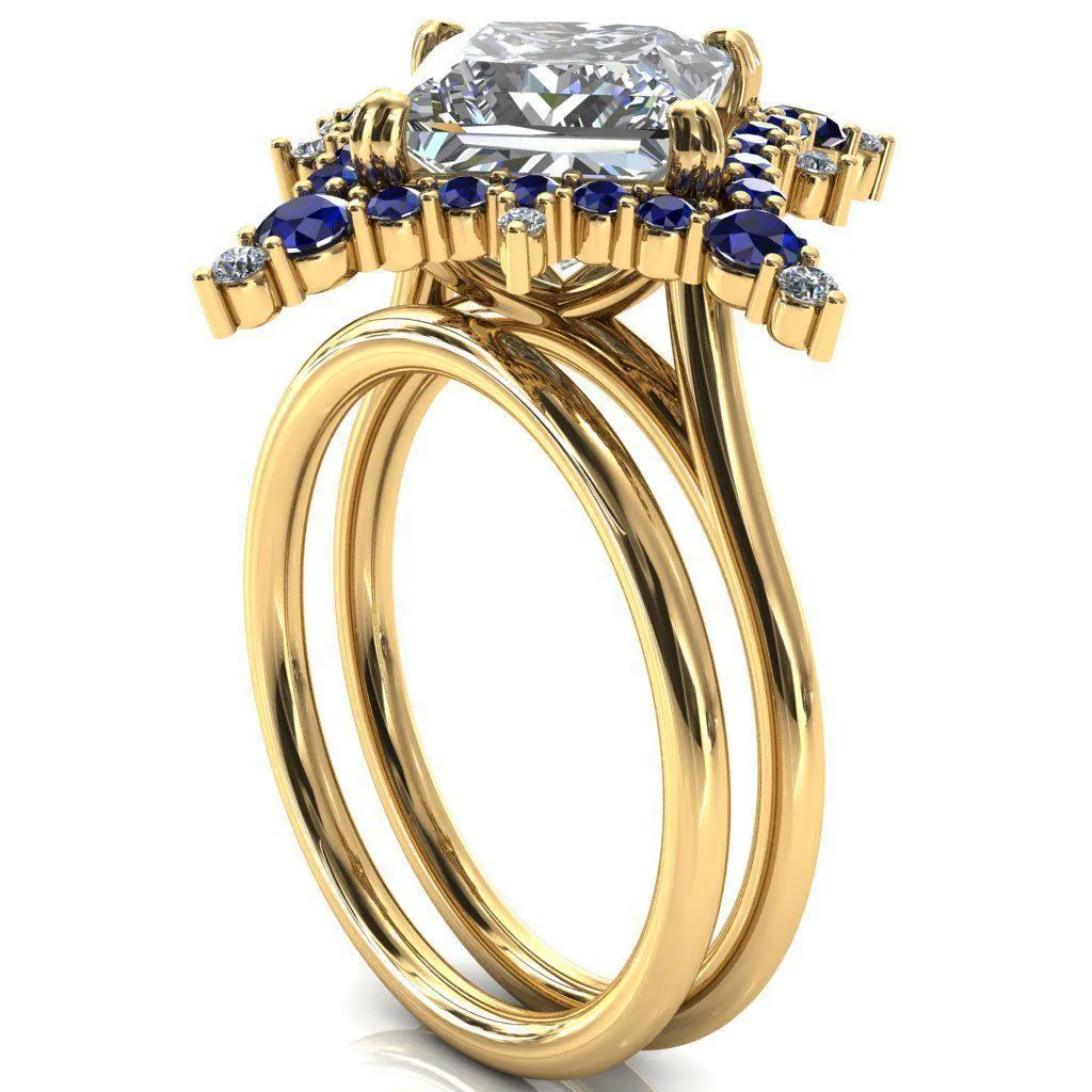 Thalim Princess/Square Moissanite 4-Point Star Blue Sapphire and Diamond Halo Ring ver. 2