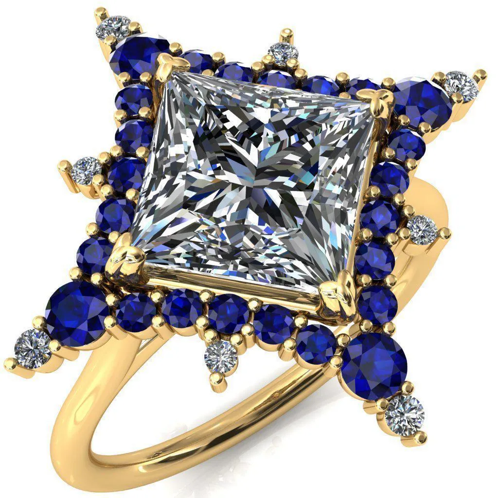 Thalim Princess/Square Moissanite 4-Point Star Blue Sapphire and Diamond Halo Ring ver. 2