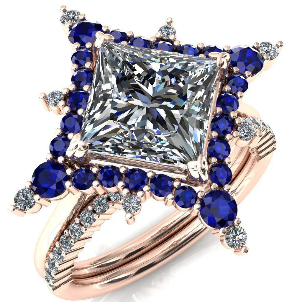 Thalim Princess/Square Moissanite 4-Point Star Blue Sapphire and Diamond Halo Ring ver. 2