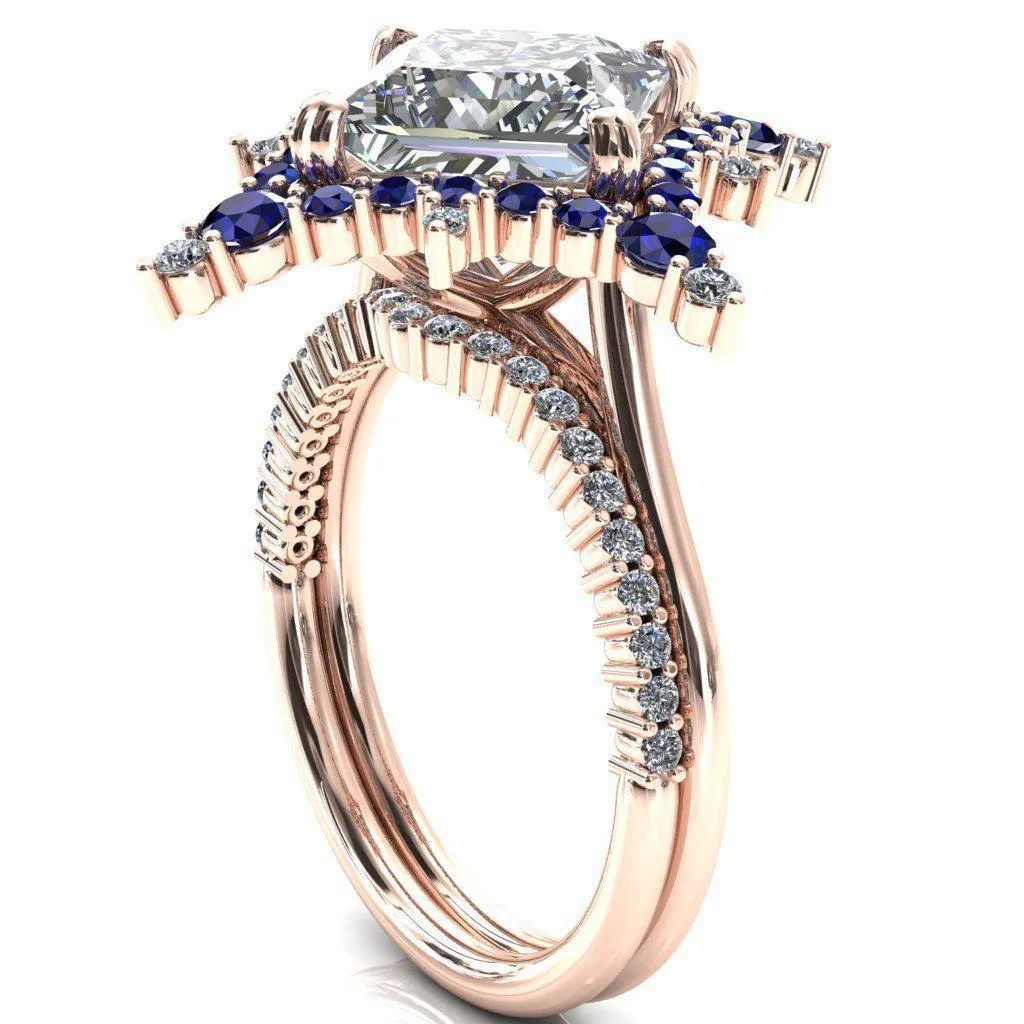Thalim Princess/Square Moissanite 4-Point Star Blue Sapphire and Diamond Halo Ring ver. 2