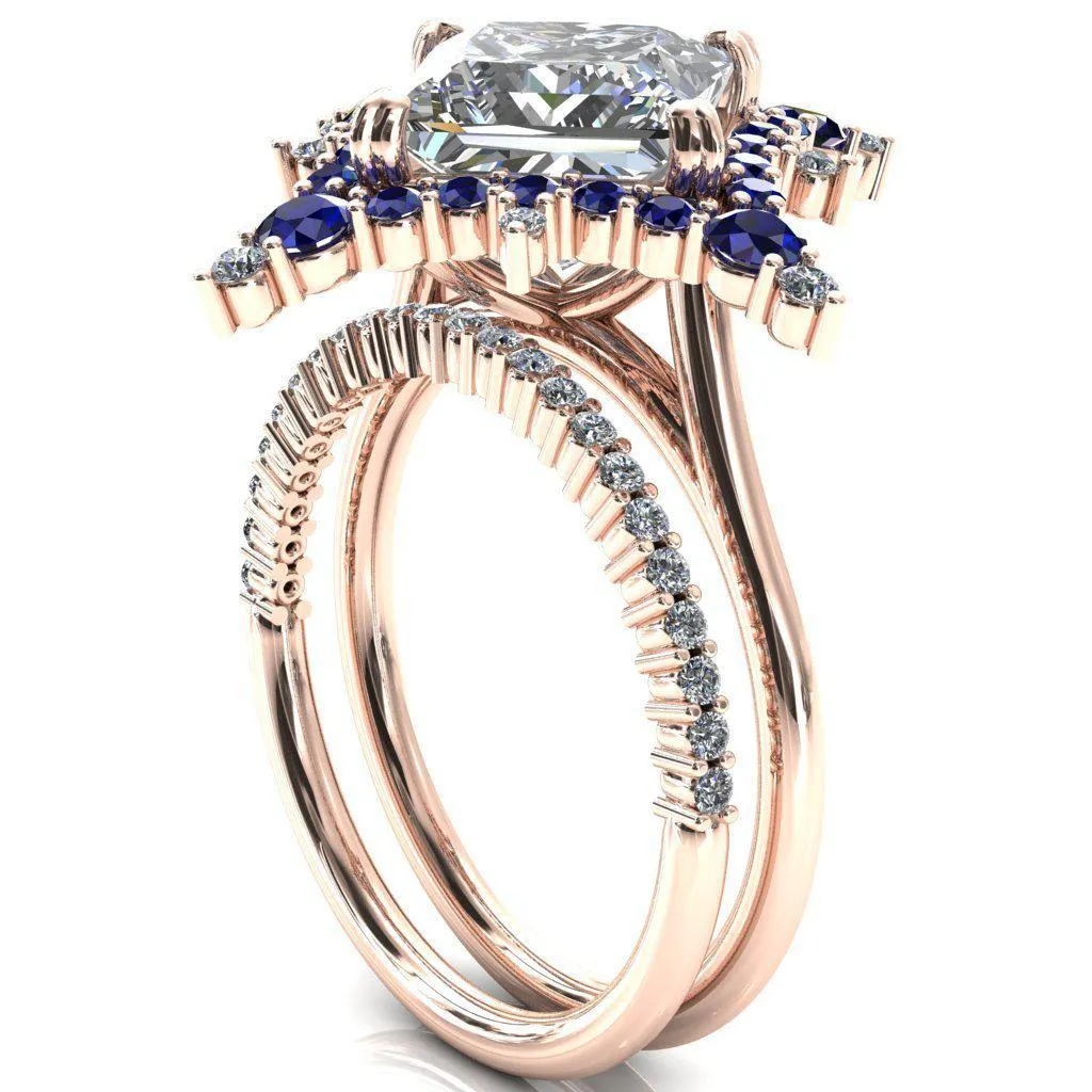 Thalim Princess/Square Moissanite 4-Point Star Blue Sapphire and Diamond Halo Ring ver. 2