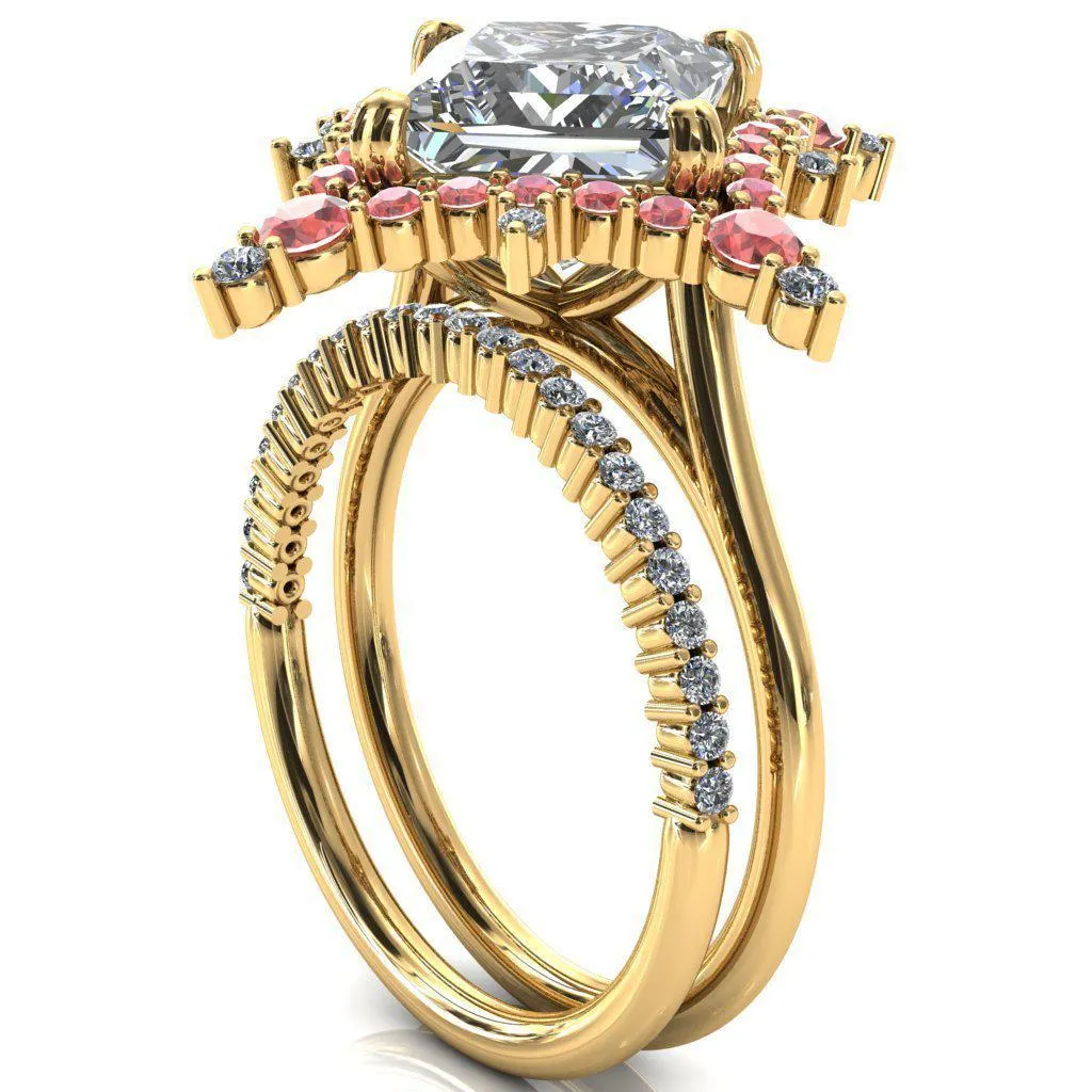 Thalim Princess/Square Moissanite 4-Point Star Padparadscha Sapphire and Diamond Halo Ring ver. 2